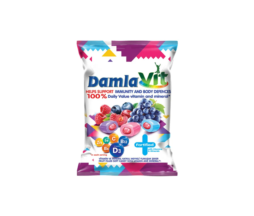 Damla Assorted Fruit Flavored Soft Candy with Filling and Vitamin 90g x 24 pcs