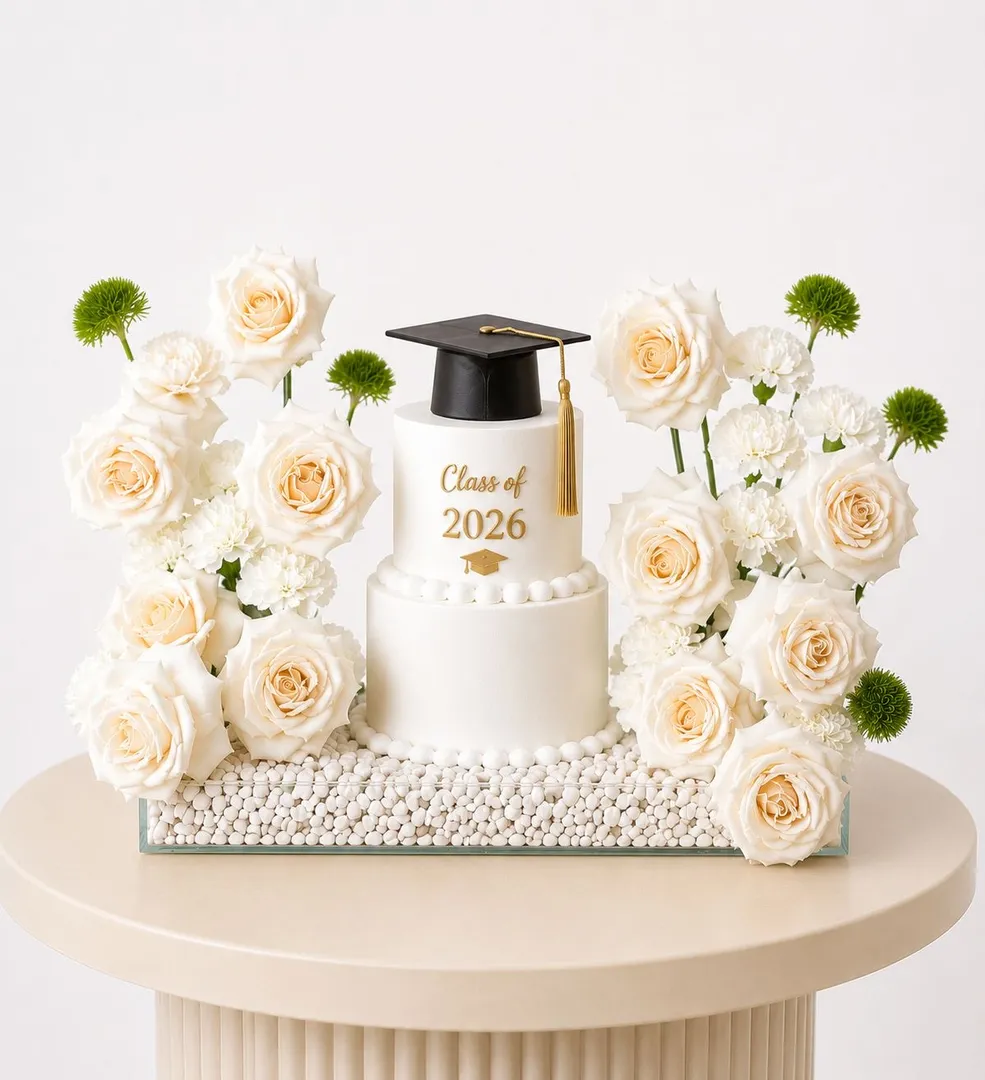 White graduation flower cake 🎓