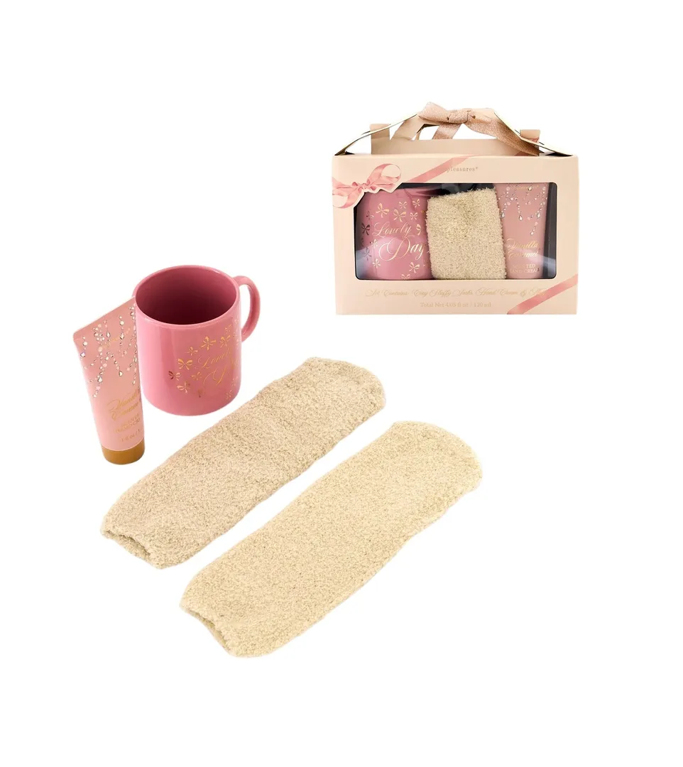 Gift Set 3 PCS Cozy Fluffy Socks, Hand Cream & Mug