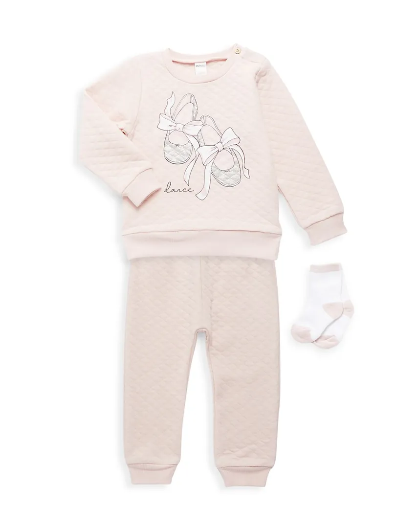 Baby Girl's 3PCS Quilted Sweatshirt, Jogger Pants & Socks Set