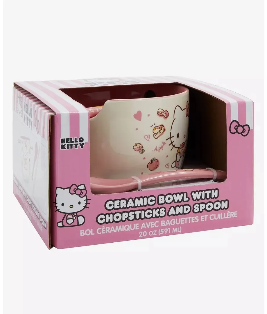 Hello kitty bowl with chopsticks and spoon