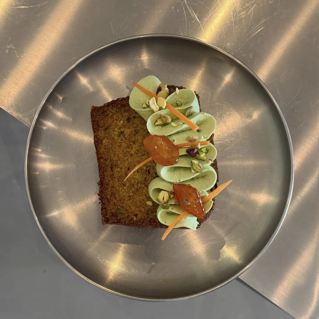 carrot orange and pistachio loaf with matcha cream