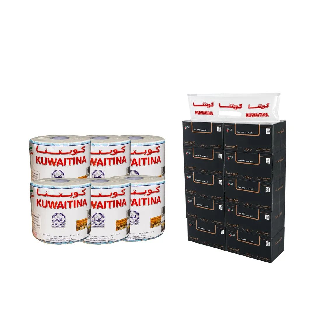 OFFER 10PIECES KUWAITINA FACIAL TISSUE BOX 600 SHEETS + CARTON 6 PCS KUWAITINA TISSUE ROLL 400GM