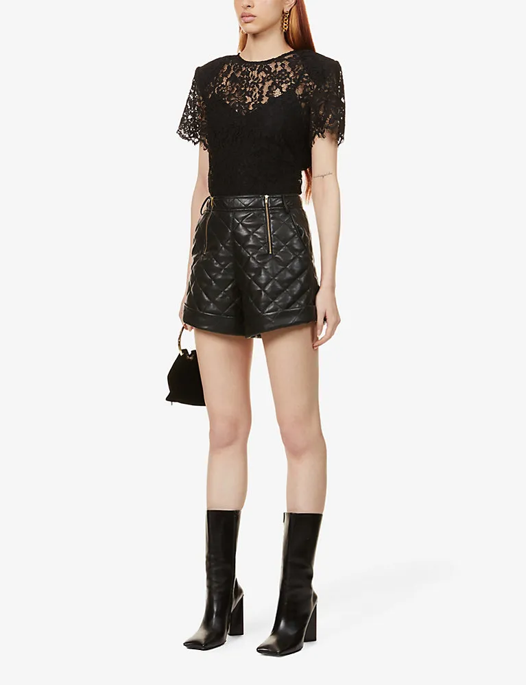 Self-Portrait Diamond-Quilted High-Rise Faux Leather Shorts