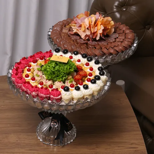 Crystal stand with chocolates, flowers, and new fatayer