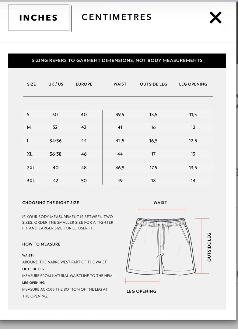 Linen short size chart