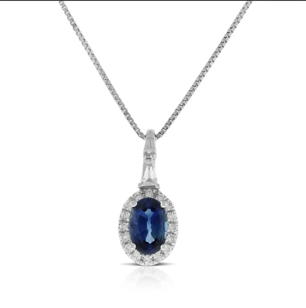 Oval Sapphire & Diamond Halo Necklace 14K