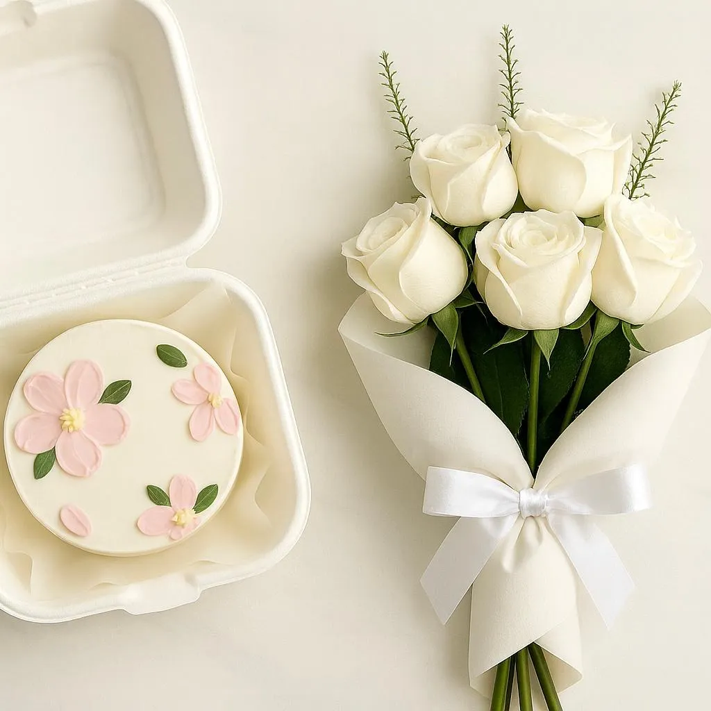 Happy White mini cake with bouquet MC6
