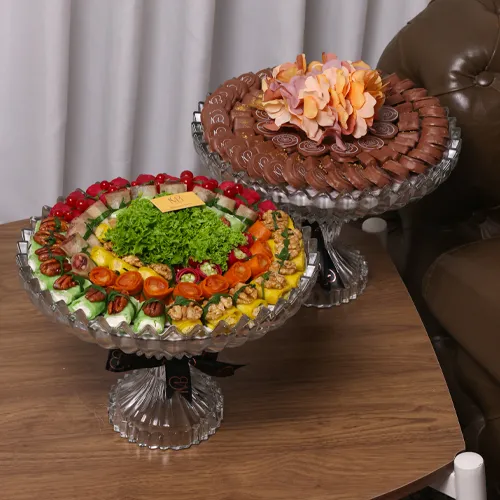 Crystal stand with chocolates, flowers, and a tortilla mix.