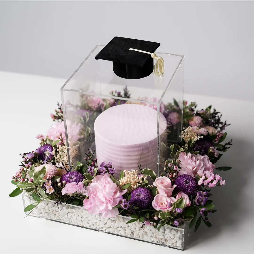 Purple flower box pink cake 4inch graduation