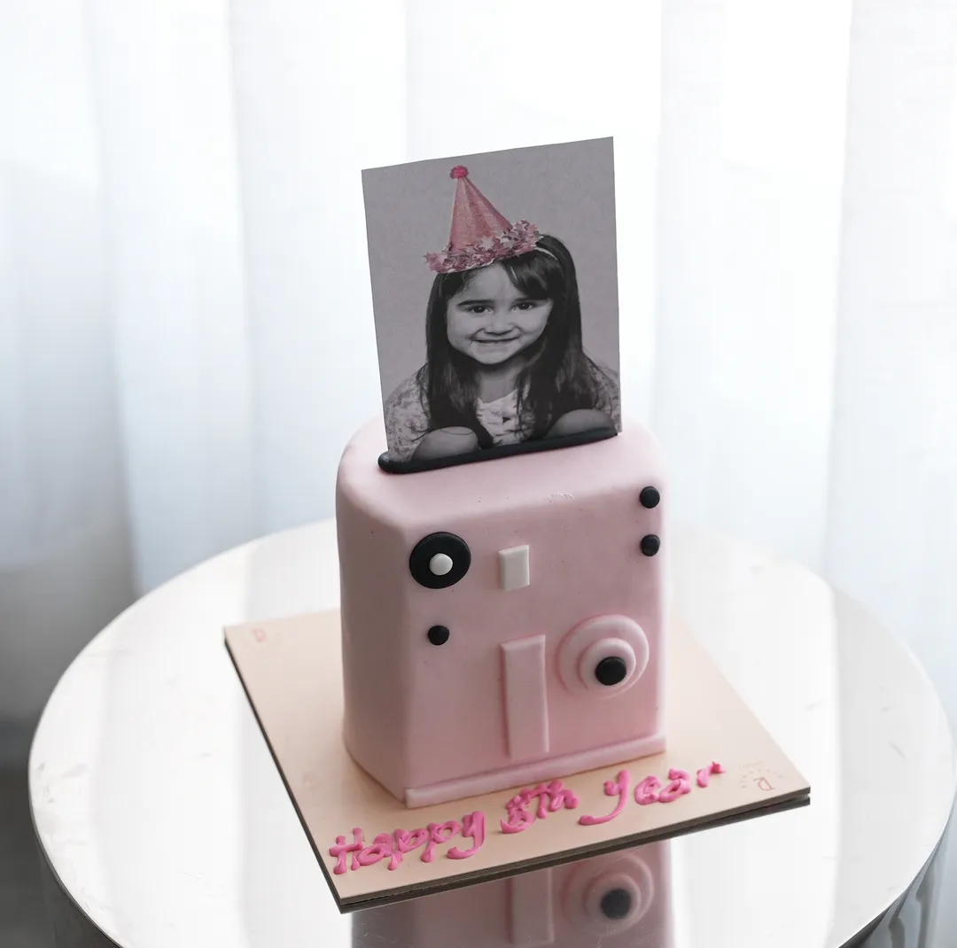 Small camera cake pink with photos