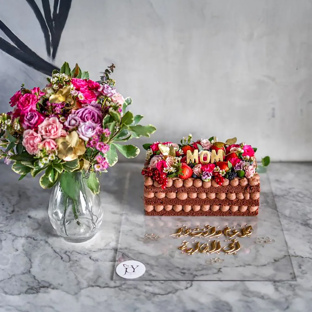 Chocolate Garden Cake - Glass Vase Spring Flower