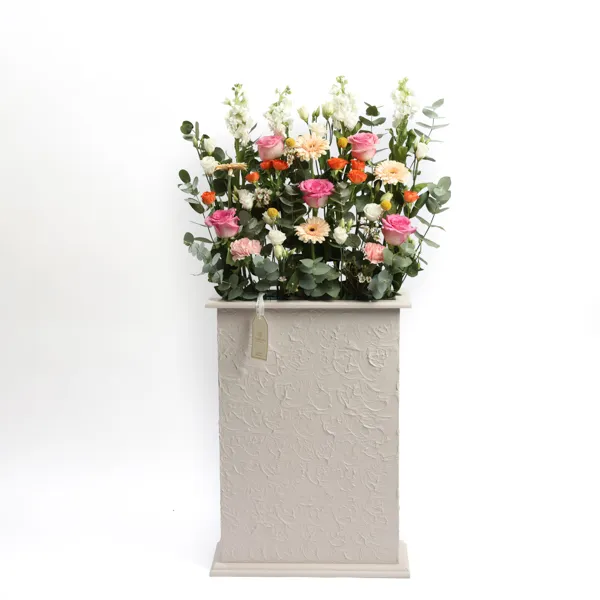 Wooden Box, height 120cm, width 45cm, with a Mix flowers(Peach.Orange.Pink) T38