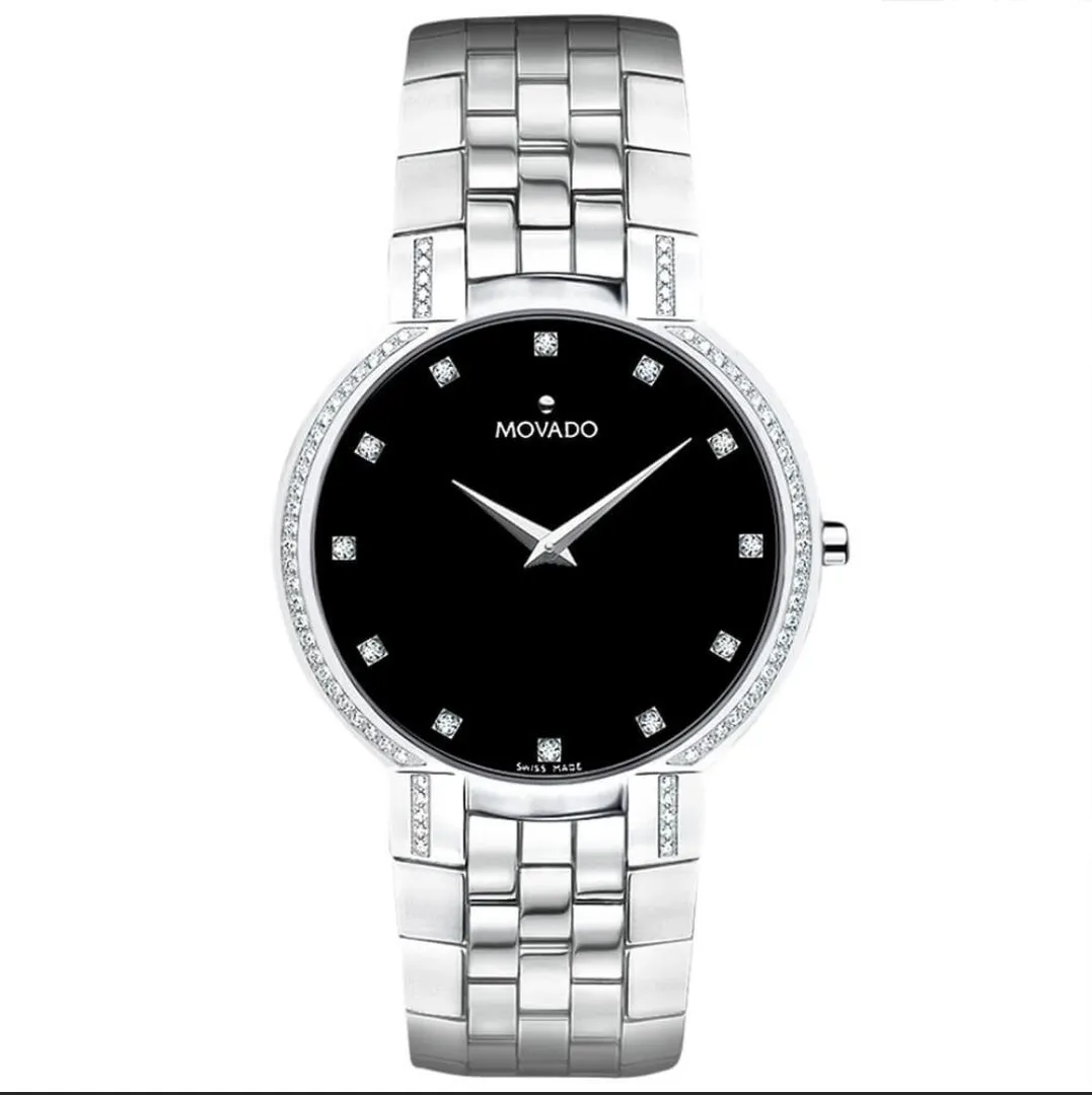 Movado Faceto Black Dial Diamond Watch, 38Mm