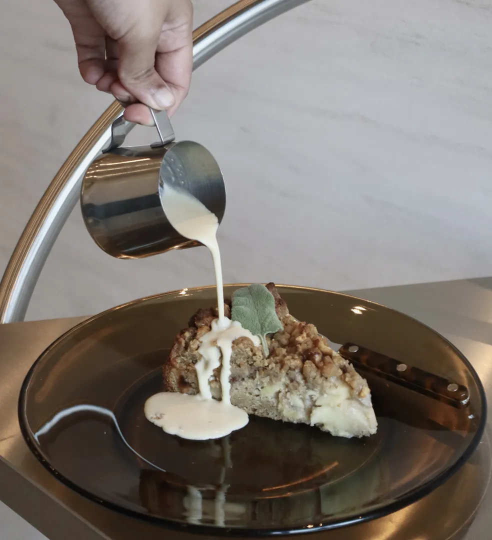 gala apple crumb cake with miso custard and burnt sage caramel