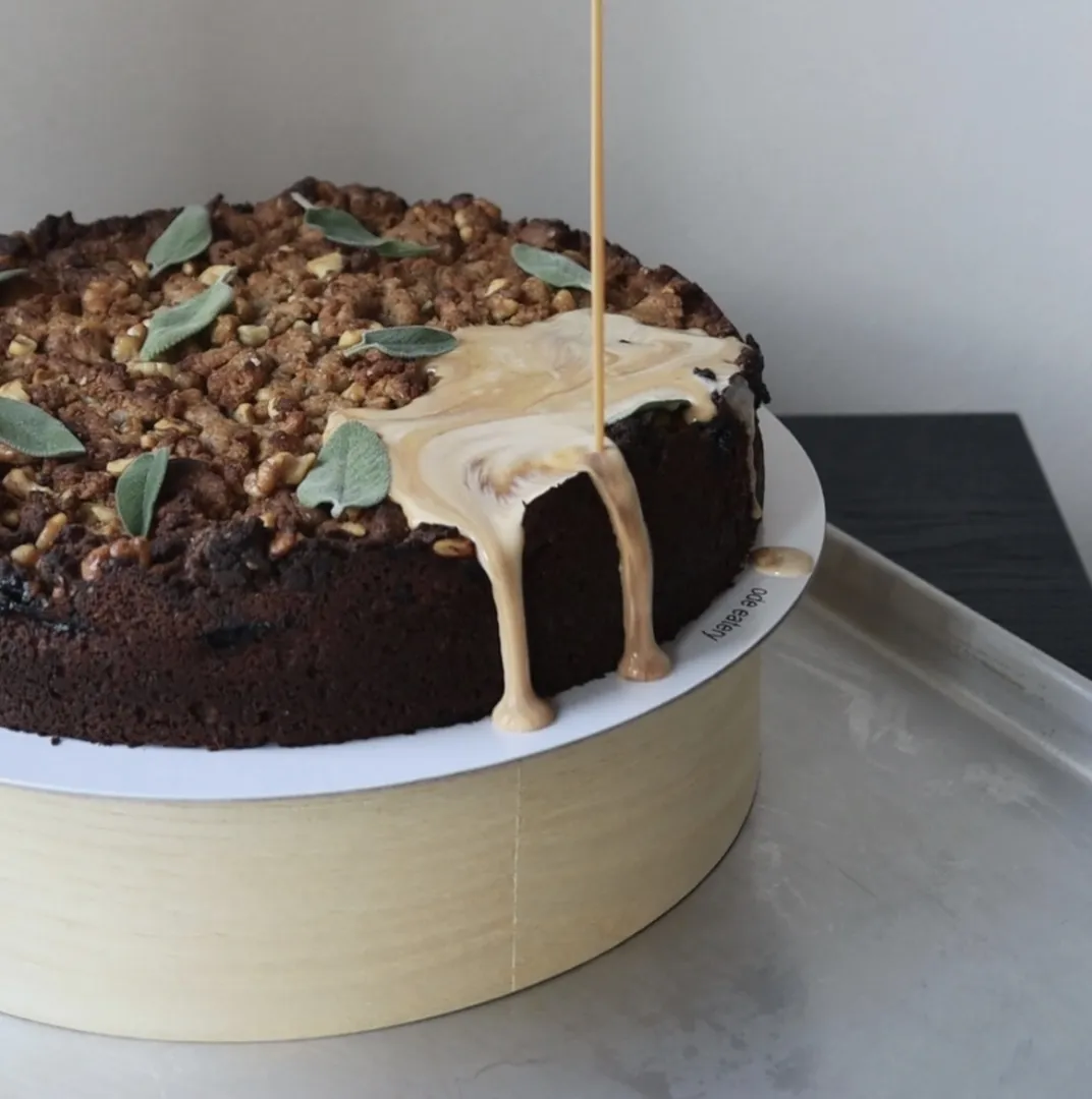 apple crumb cake with miso custard and burnt sage caramel