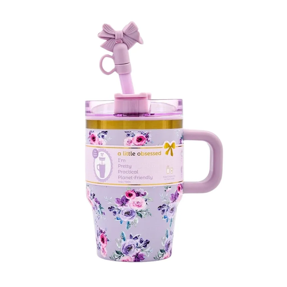 Lilac Pink Travel Mug With Floral Pattern