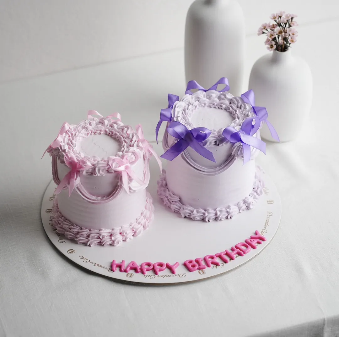 2 mini cake ribbon pink purple birthday mix chocolate vanilla 4inch