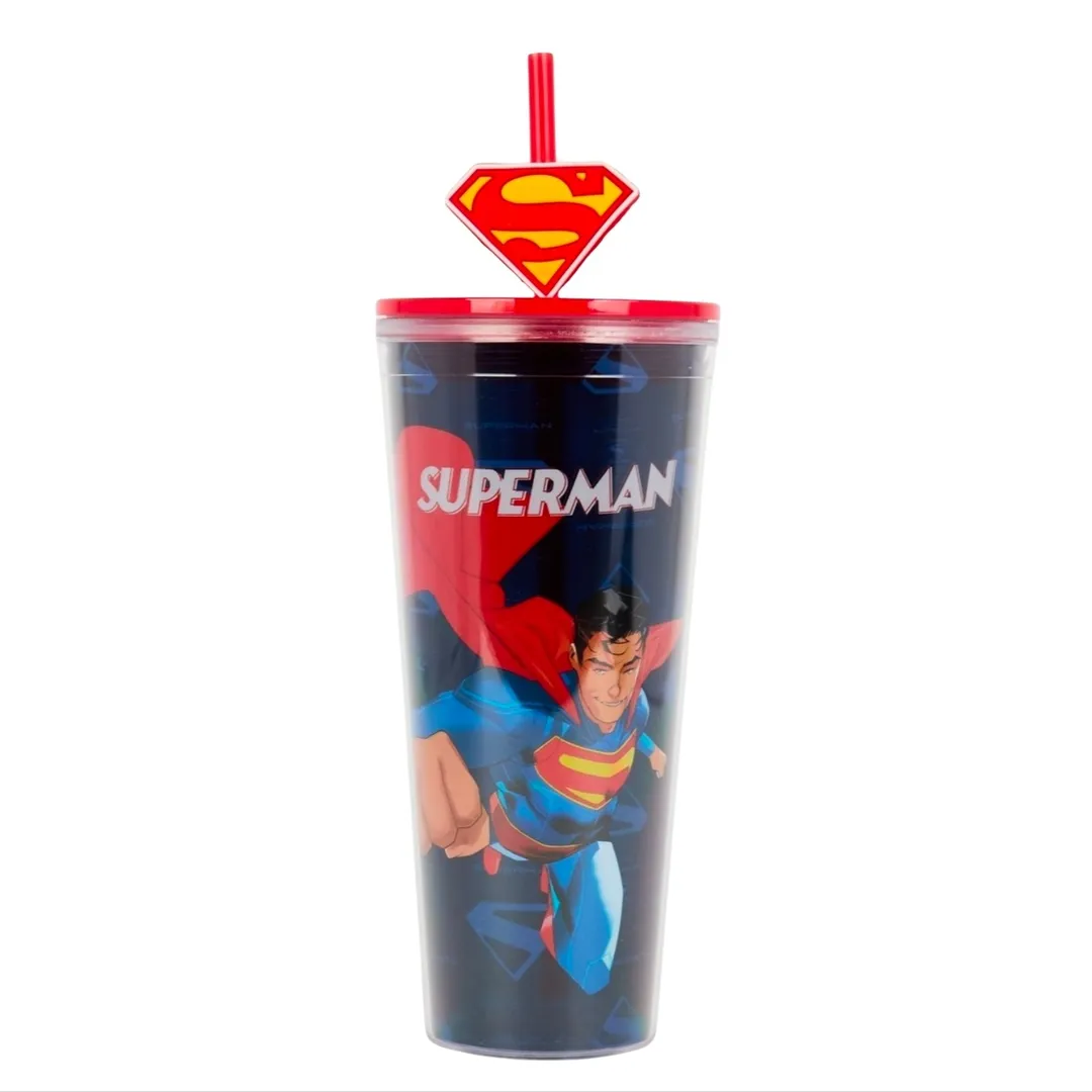 Superman Double Wall Plastic Tumbler With Straw - 800 ml