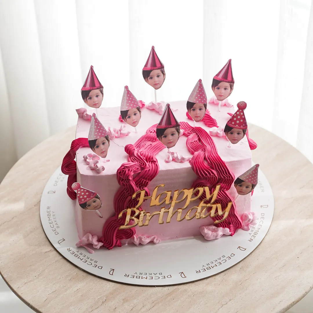 Pink square photo cake birthday
