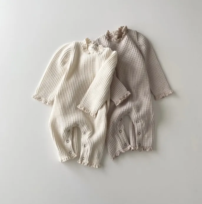Waffle Lace Romper- Pink Beige