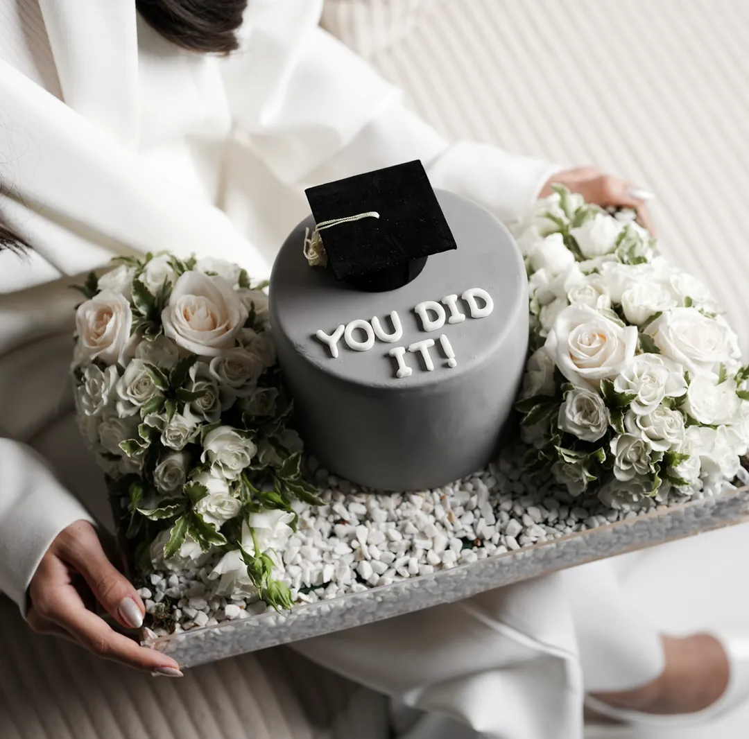 Flower white box grey graduation cake 6inch