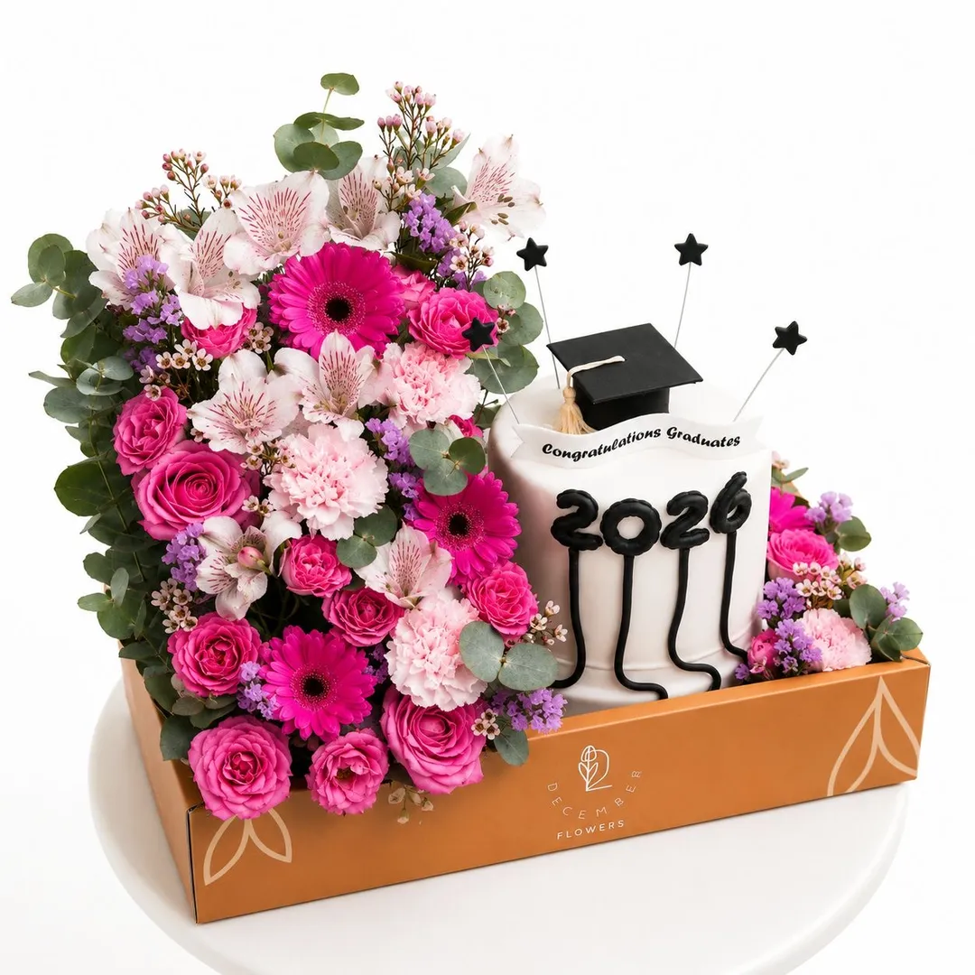 Pink graduation cake with flowers