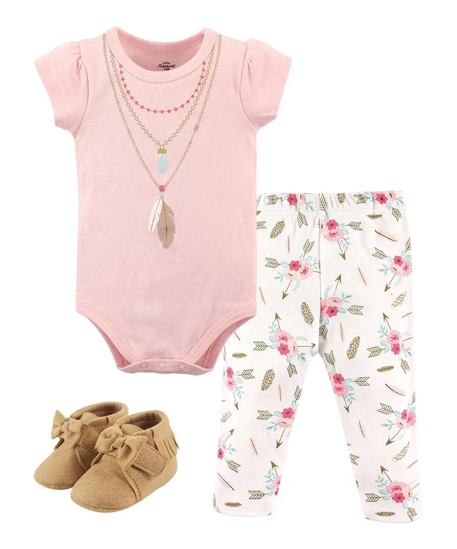 Pink & White Boho Short-Sleeve Bodysuit Set