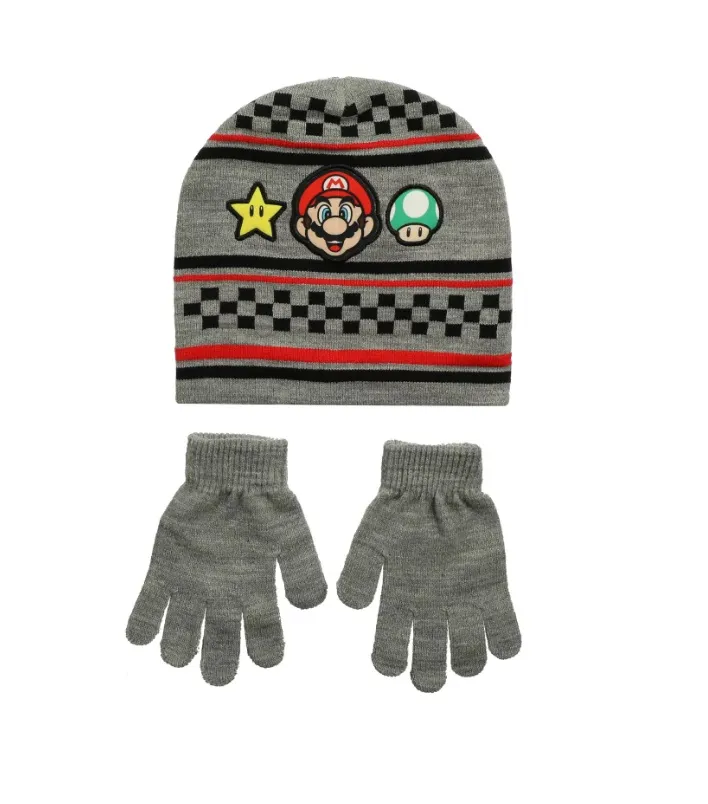 Super Mario Hat & Gloves Set Grey (Ages 3-8 Years)