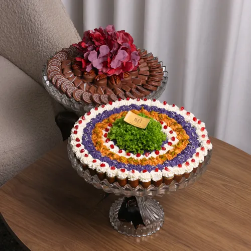 Crystal stand with roses, chocolates, and assorted kibbeh (S)