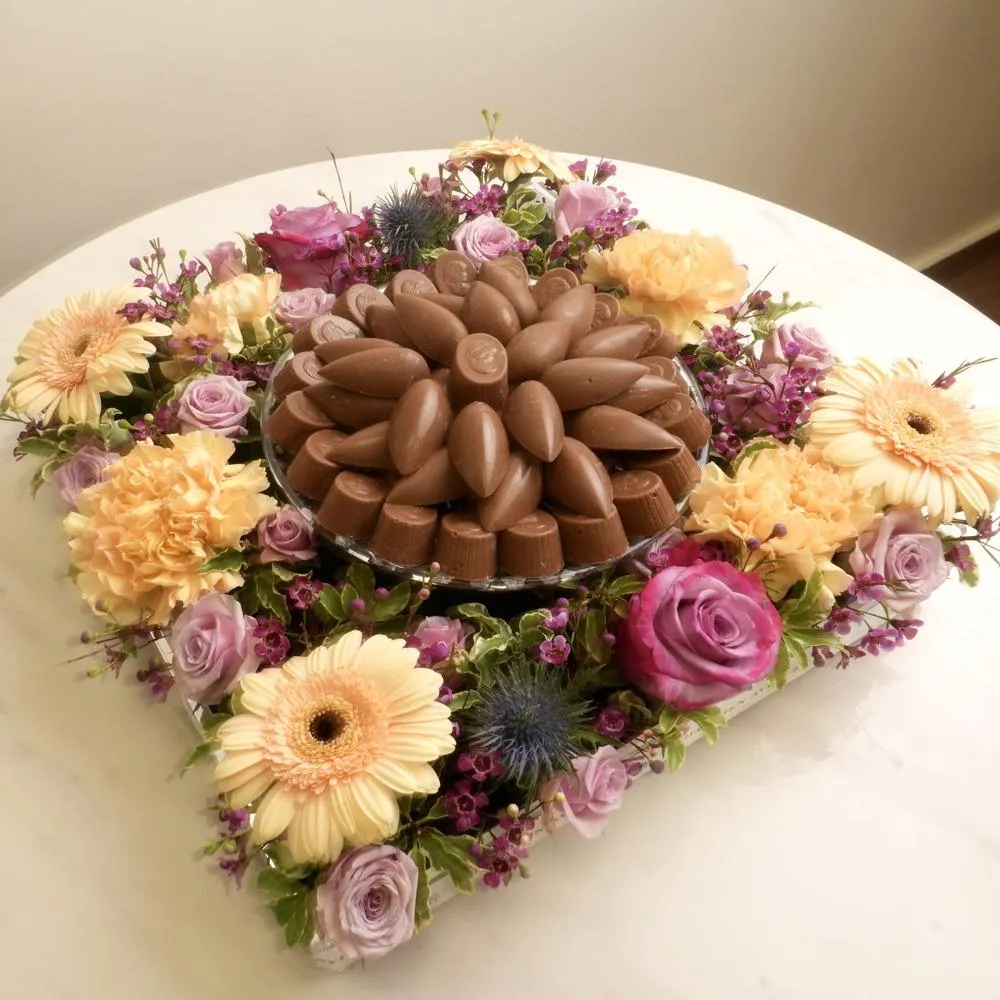 Acrylic tray with purple and peach flowers and chocolate ch 10