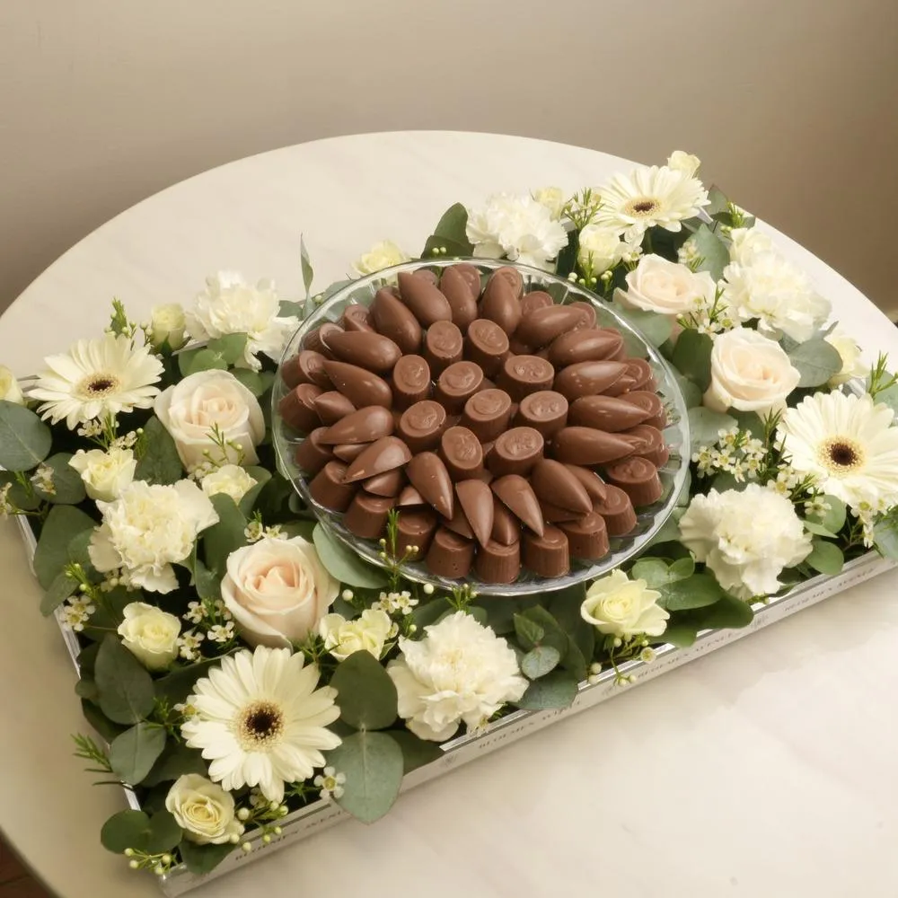 Acrylic tray with White flowers and chocolate ch 11