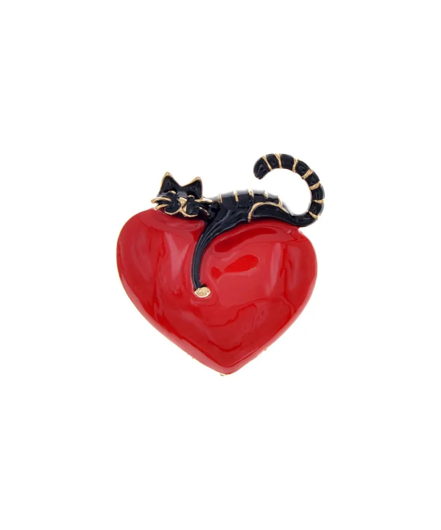 Red & Goldtone Happy Cat Heart Brooch