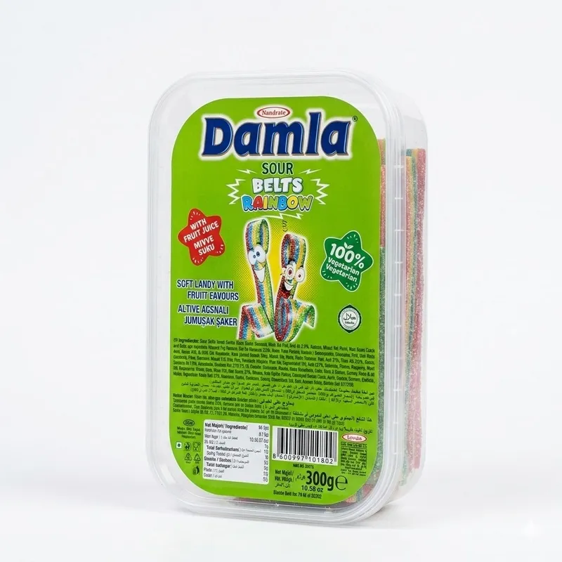 Tayas Damla Turkish Sour Liquorice Rainbow Belts with Fruit Flavor 300gr