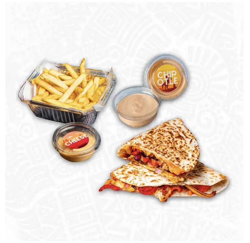 Vegetable Quesadillas With Cheese Fries And Chipotle Sauce.
