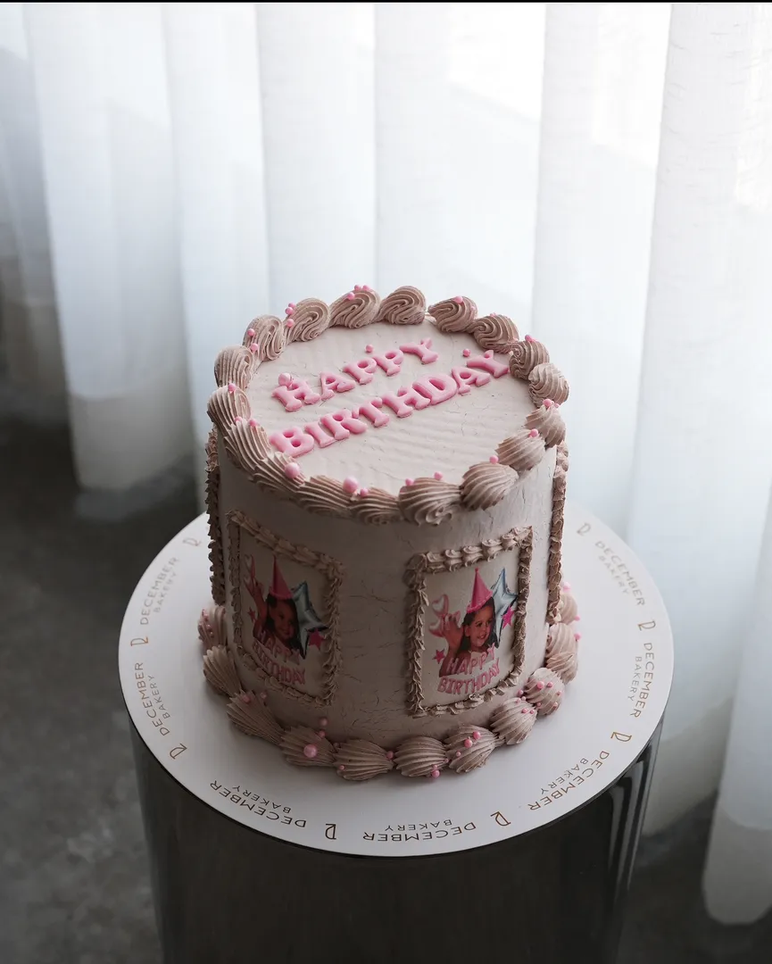 Beige pink photo cake, 6 inches