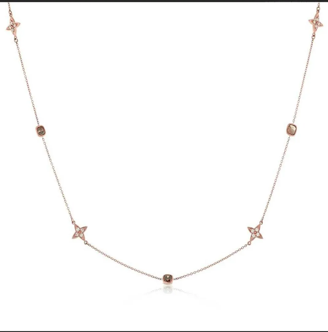 Rose Gold Brown & White Diamond Alternating Shapes Necklace 14K