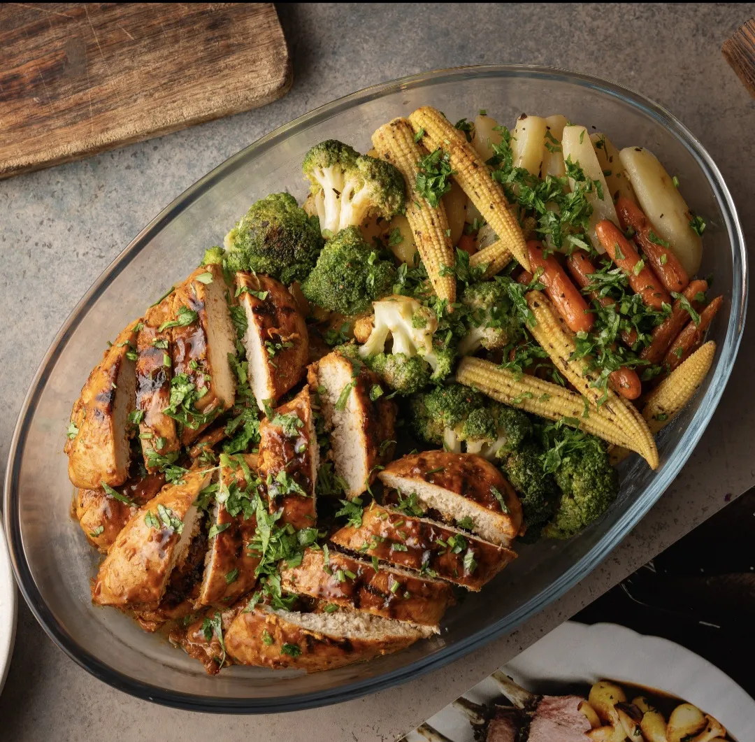 Honey glazed chicken with roasted vegetables
