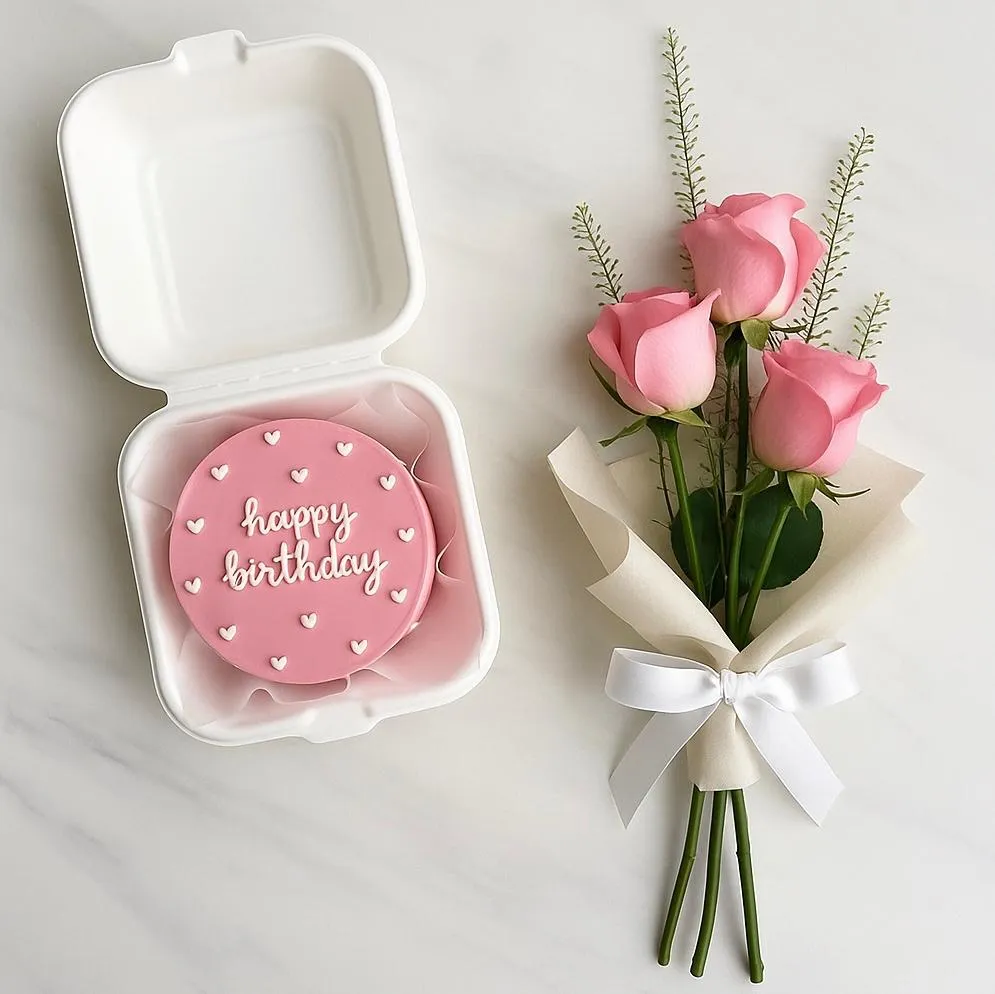Happy pinky mini cake with bouquet MC5