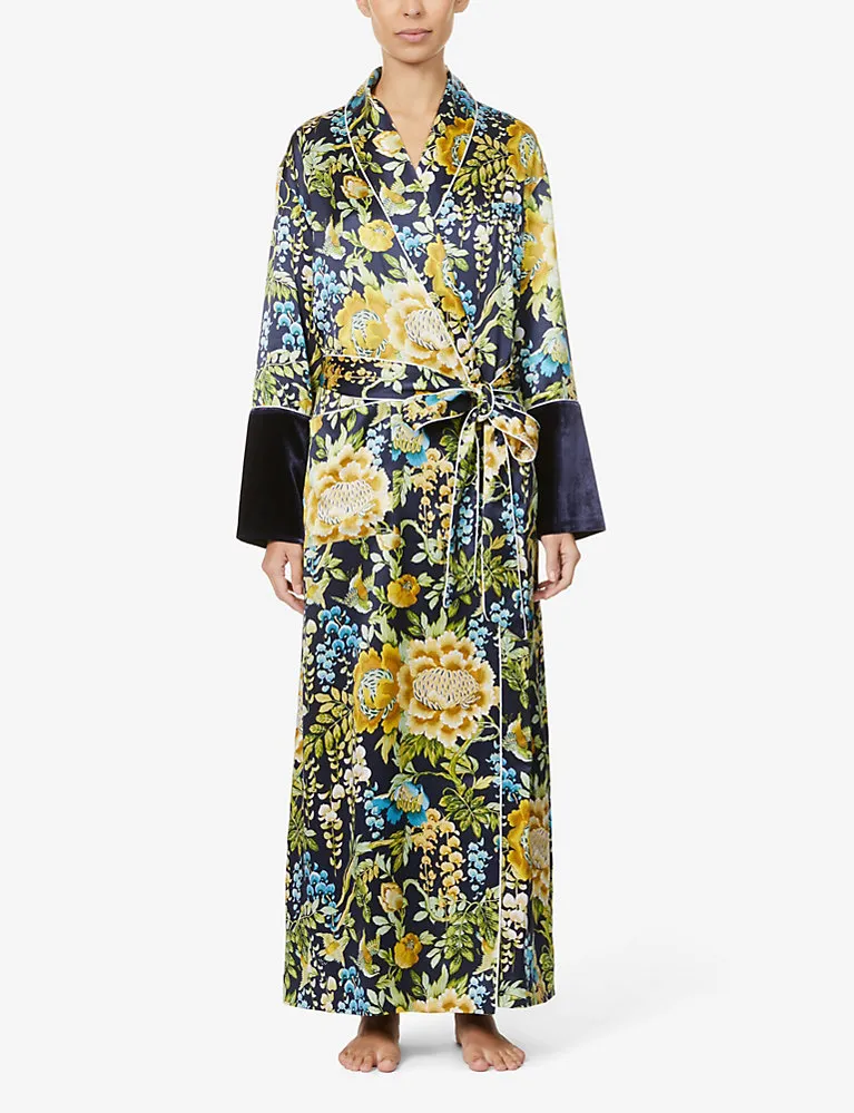 Olivia Von Halle Capability Floral-Pattern Silk-Satin Robe