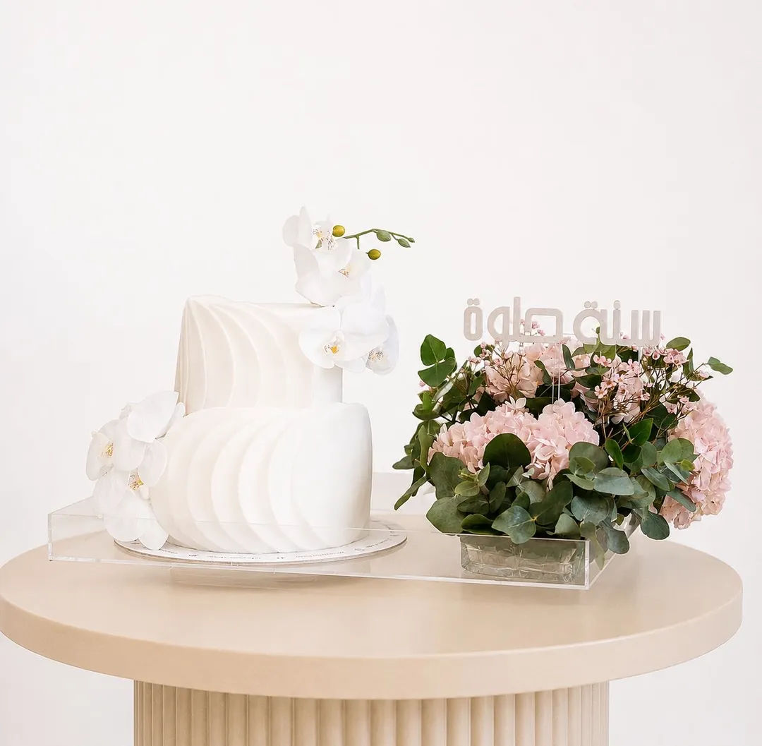 Elegant double white cake tray with pink flower