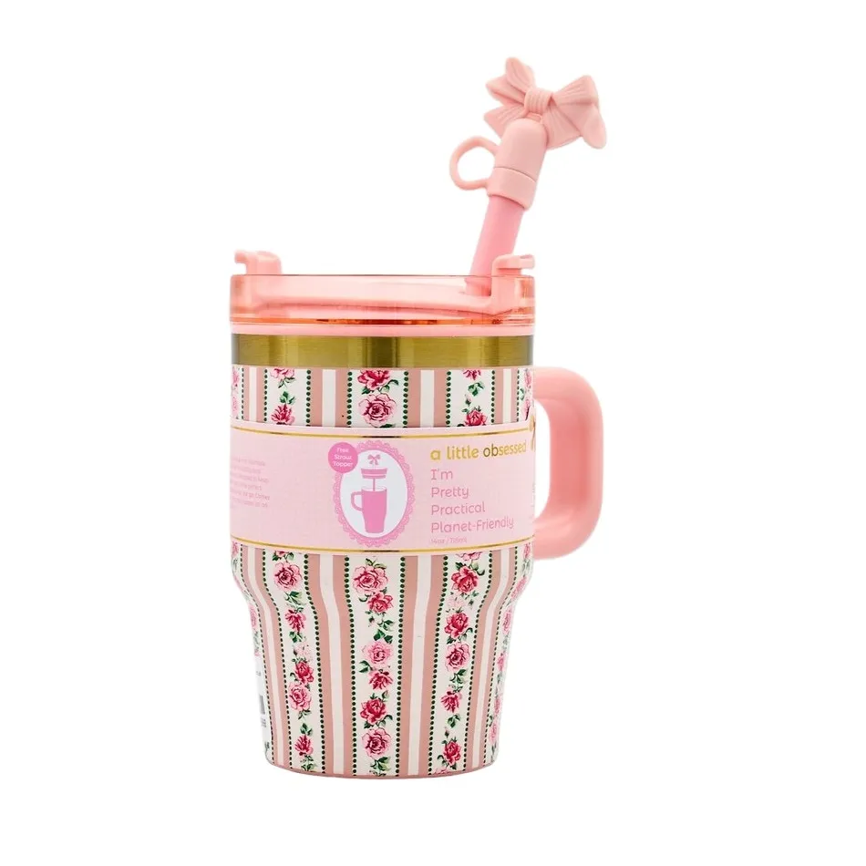 Pink Travel Mug With Floral Pattern