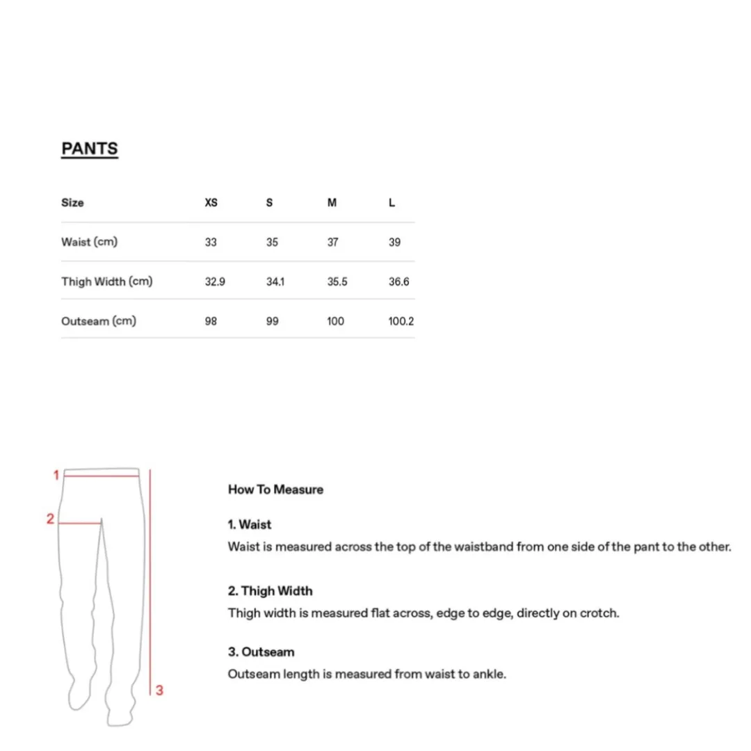 Joggers size chart