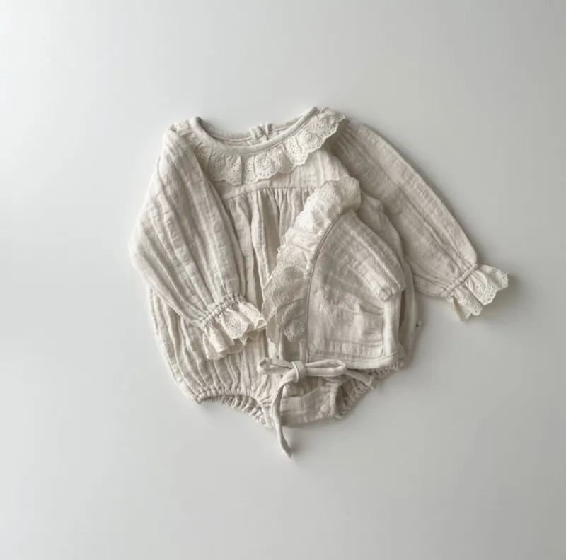 Milk Lace Romper & Bonnet- Ivory