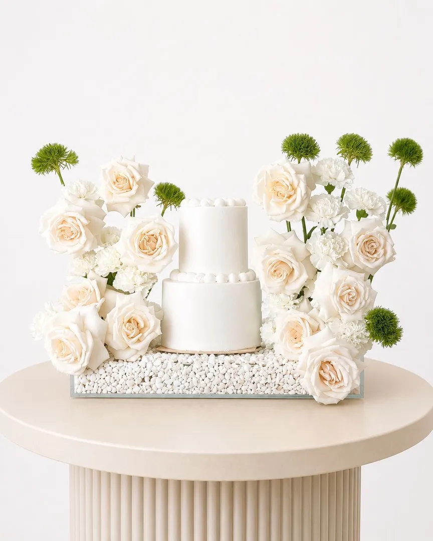 White flower with double white cake roses