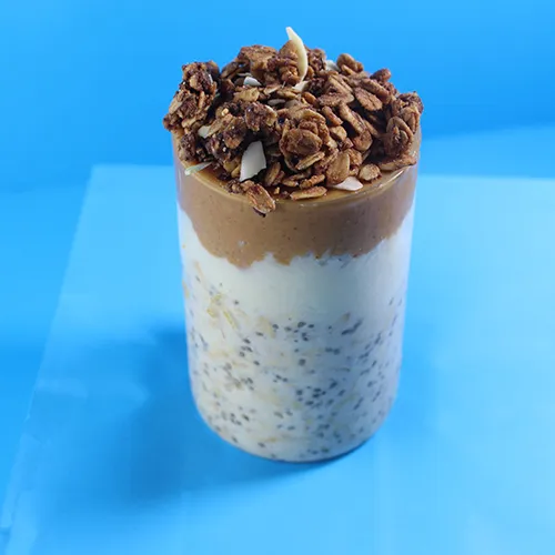 Oats with chia, peanut butter, granola, and protein