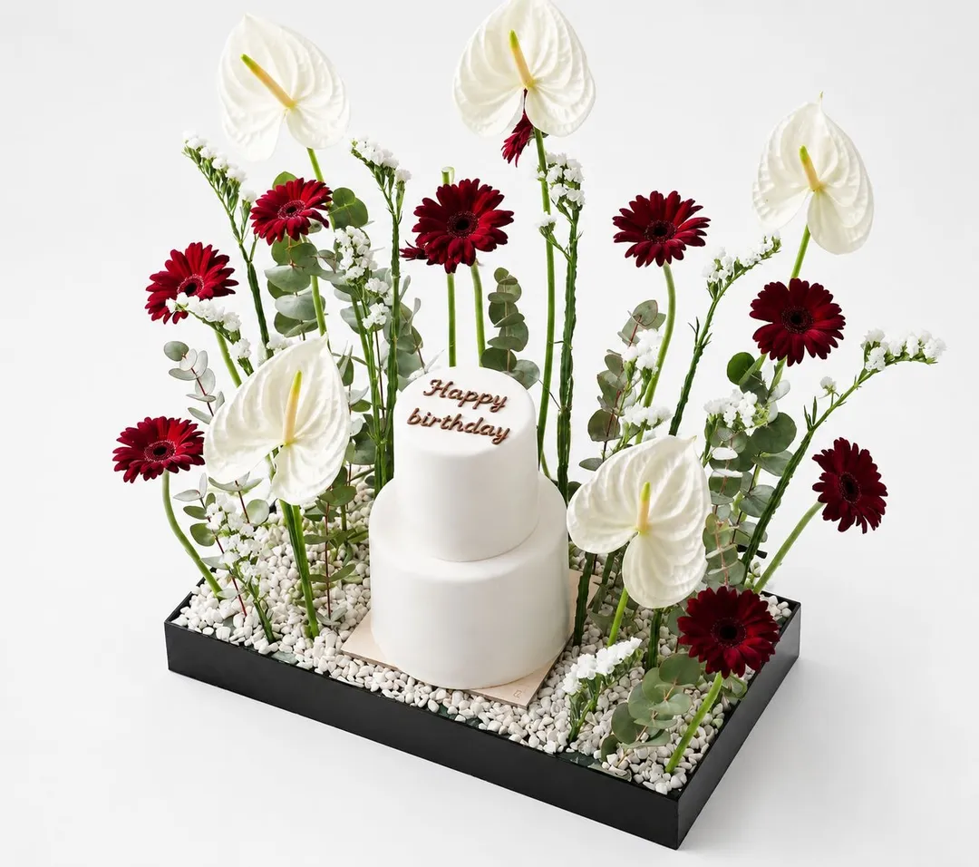 Flower stand with small double cake 4inch mix chocolate vanilla