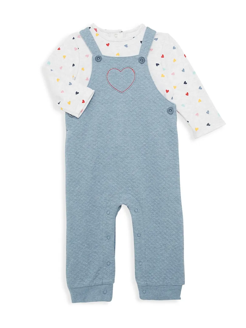 Baby Girl's 2PCS Heart Top & Cotton-Blend Overalls Set