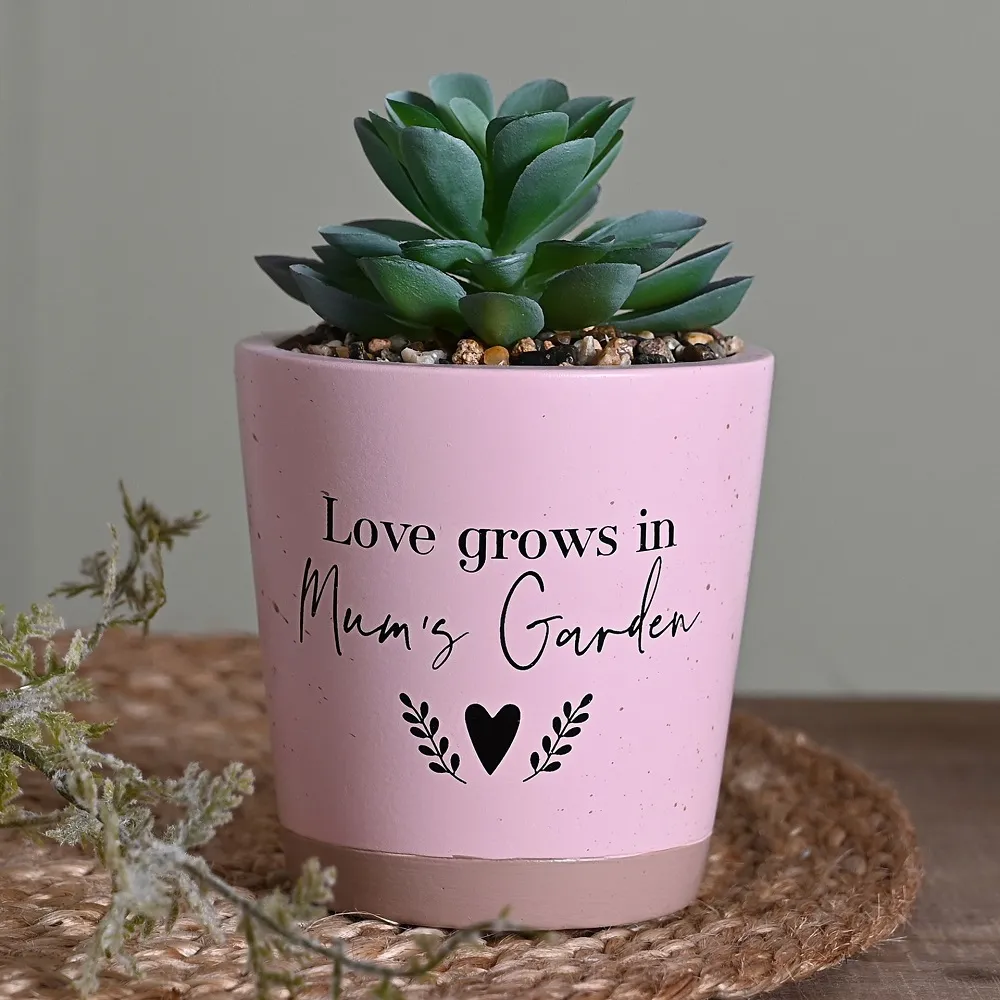 Small Vase With Faux Plant "Love Grows in Mums Garden"