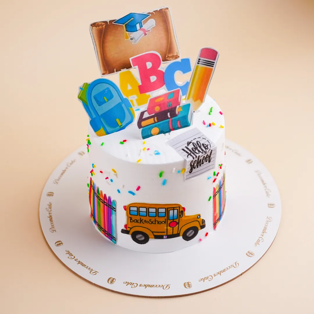 Back to school white cream cake sprinkles mix chocolate vanilla 6 inch